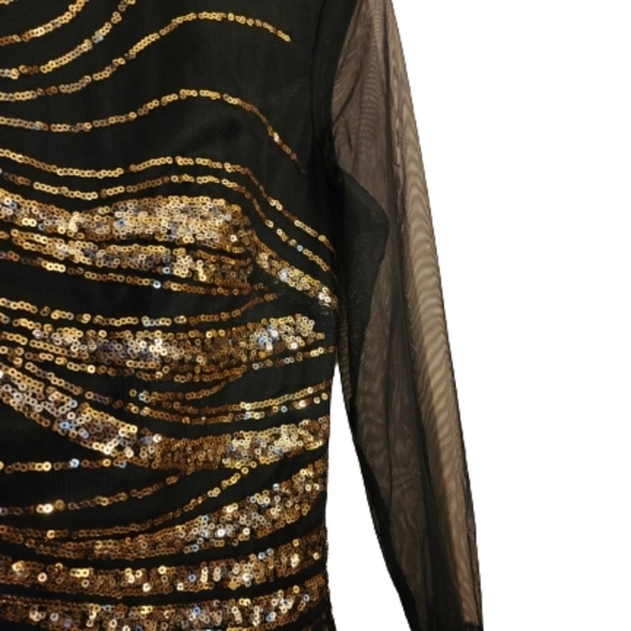 Bebe black bobycon long sleeve golden sequin mini dress size small - Picture 2 of 5
